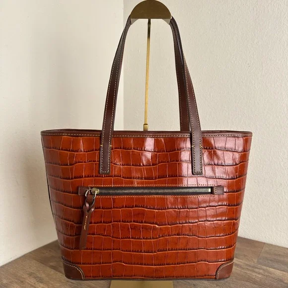 Dooney & Bourke Charleston Cognac Croc Embossed Leather Tote Bag - Picture 2 of 16